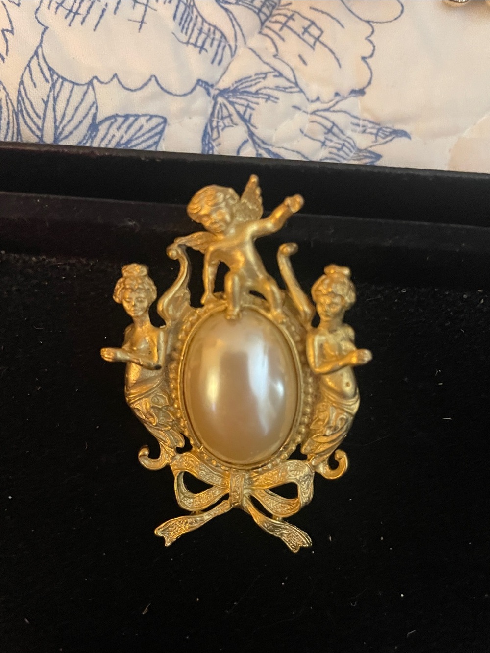 Gold Cherub Brooch with Pearl Center
